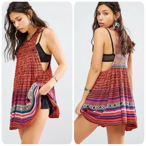 Free People Rare Hearts Knit Crochet Dress/Tunic XS Coverup Boho Hippie Beach - Picture 3 of 12